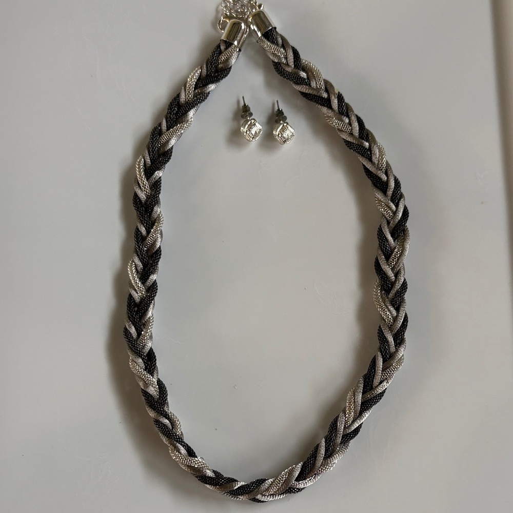 Elegant Black and Silver Braided Necklace and Earring Set